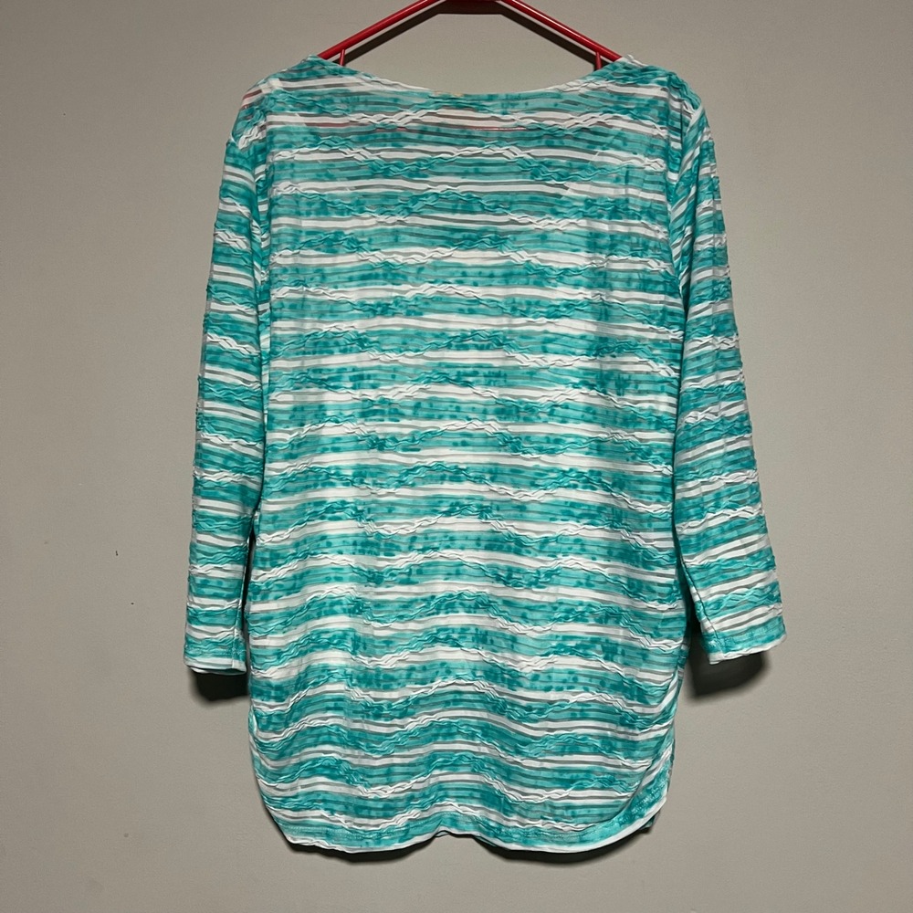 Ruby Rd Womens Top XL Blue White Striped Beaded Neck 3/4 Sleeve Tunic Layered - Picture 5 of 7